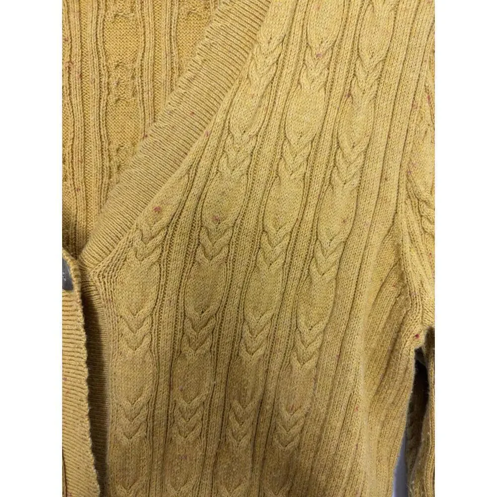 Eddie Bauer Sweater Womens M Cardigan V Neck Mustard Speckled Cableknit Scallop